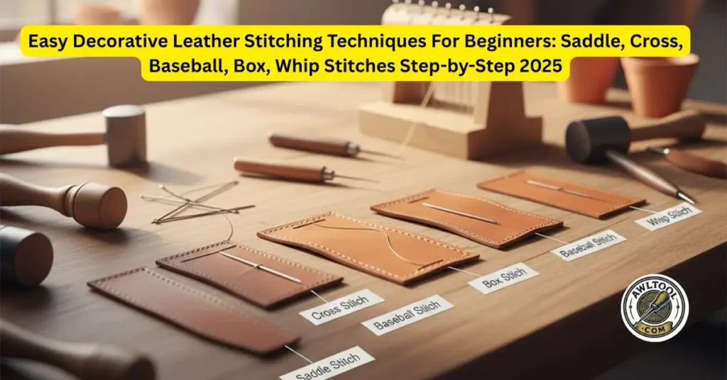 Step-by-step guide cover showing various easy decorative leather stitching techniques for beginners: Saddle, Cross, Baseball, Box, and Whip Stitches, laid out with thread and tools.