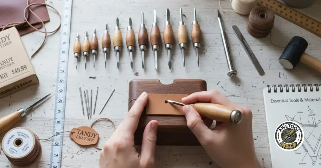 Flat lay photo of essential tools for hand sewing leather: a beginner's Tandy Leather kit with wooden handle awls, stitching chisels, needles, thread, ruler, and a rubber mallet. Leather Stitching Techniques by Hand