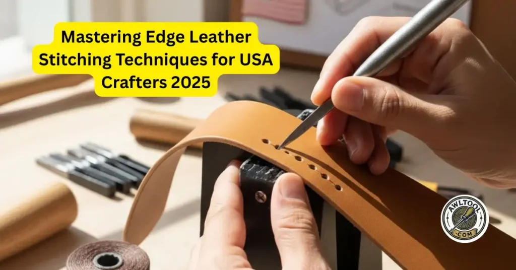 A crafter's hand using an awl or stitching chisel to punch a hole along the edge of a tan leather belt/strap over a black anvil, demonstrating edge stitching technique for USA crafters 2025.