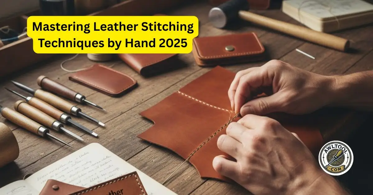 A step-by-step guide cover image for "Mastering Leather Stitching Techniques for Beginners," showing a hand stitching a small leather pouch with tools like an awl and thread nearby on a cutting mat.
