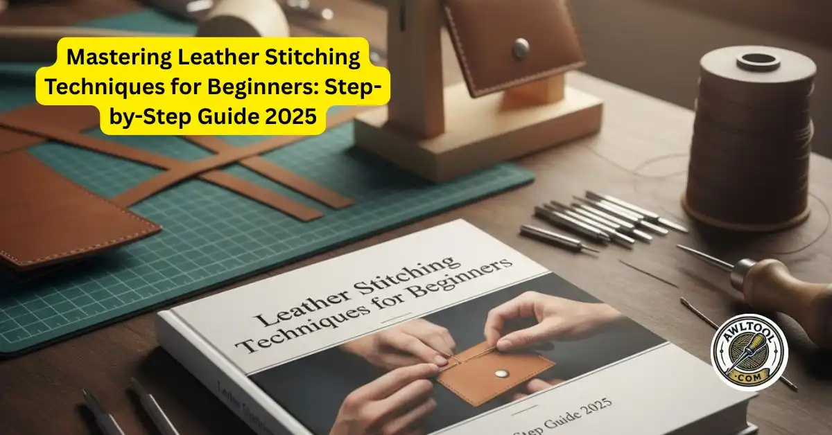 A step-by-step guide cover image for "Mastering Leather Stitching Techniques for Beginners," showing a hand stitching a small leather pouch with tools like an awl and thread nearby on a cutting mat.