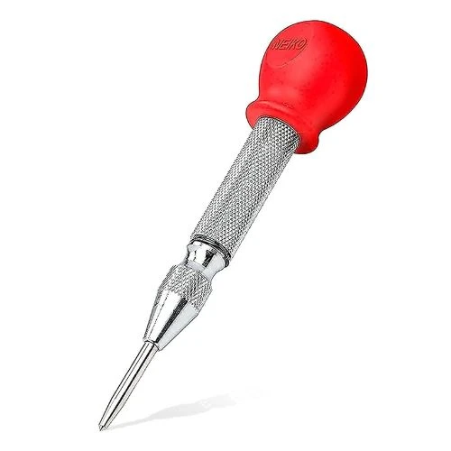 NEIKO 02638A 5 Inch Automatic Center Punch for metal, featuring a red adjustable impact handle and spring-loaded design for precise hole marking.