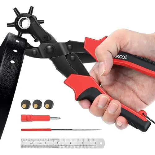 XOOL Revolving Punch Plier Kit, a heavy-duty rotary leather hole puncher with multiple sizes, shown with a ruler, file, and screwdriver, punching a leather belt.