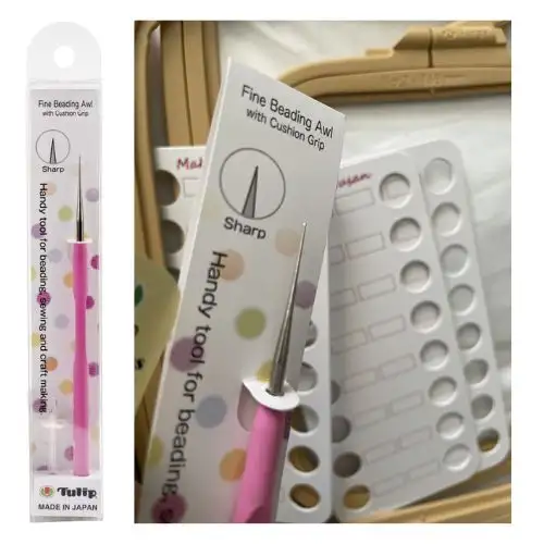 Tulip Needle Company Fine Beading Awl with a pink cushion grip and sharp fine point, shown in packaging and close-up, reviewed as a precision tool for detailed painting and crafts.