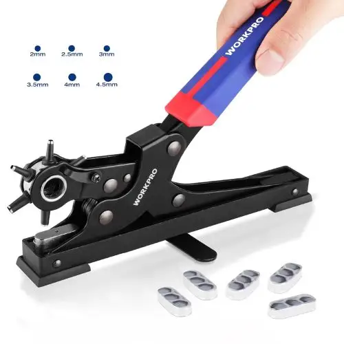 WORKPRO Desktop Leather Hole Punch Set, a heavy-duty rotary belt hole puncher with 6 precision sizes (2 mm to 4.5 mm), and an ergonomic red and blue handle.