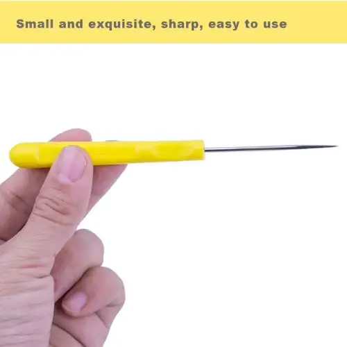 Close-up of a hand holding a ZLKSKER plastic handle leather stitching awl with a straight tip, highlighting its small, sharp, and easy-to-use design.