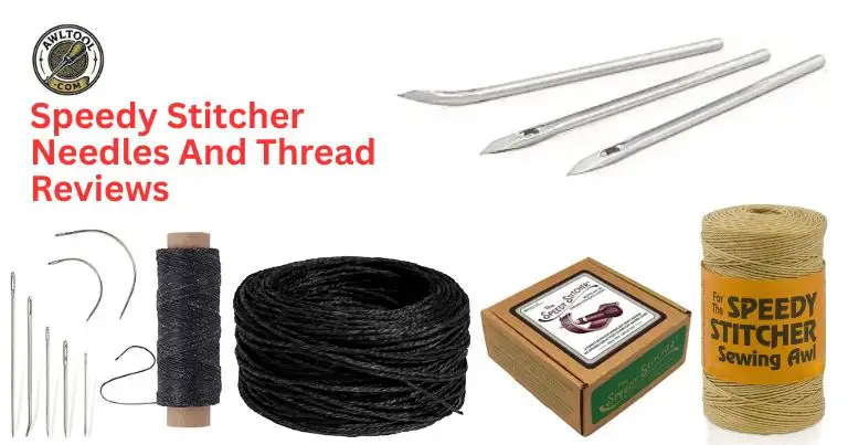 Product collage for Speedy Stitcher reviews featuring straight and curved replacement needles, black waxed thread, and a large spool of coarse tan polyester thread.