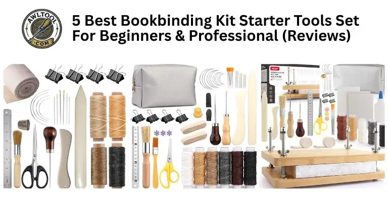 A comprehensive collage showing various bookbinding starter kits featuring essential tools like bone folders, curved needles, waxed thread spools, wooden awls, and a book press for beginners and professionals.