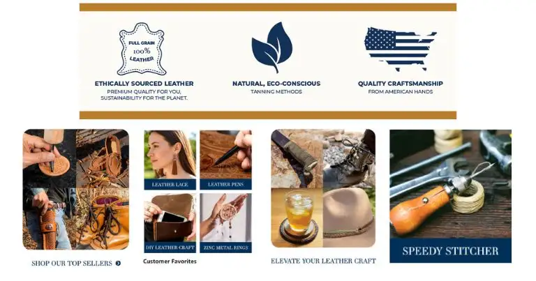 Brand information image summarizing the company philosophy with three icons: Full Grain 100% Leather (Ethically Sourced), Natural Eco-Conscious Tanning Methods, and Quality Craftsmanship (American Hands, US Flag).