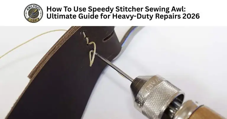 Close-up of a Speedy Stitcher Sewing Awl piercing thick dark leather to create a lock stitch, demonstrating heavy-duty repair techniques.
