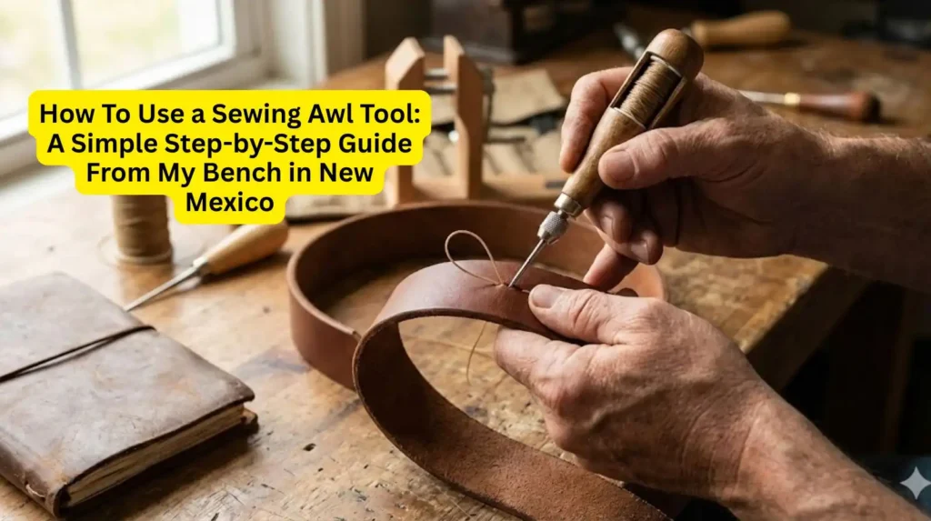 Feature image showing a crafter's hands using a wooden sewing awl tool to stitch a leather belt on a workbench, for the step-by-step guide from a bench in New Mexico.
