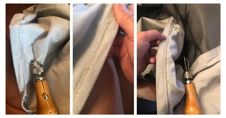 $3$-panel photo collage of a user (Melissa) repairing thick canvas fabric with a Speedy Stitcher Sewing Awl, showcasing the sturdy, easy-to-use application and the finished strong seam.