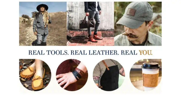 Lifestyle photo collage promoting the use of sewing awl tools for leathercraft, showing leather goods like moccasins, cuffs, bags, and a coffee sleeve with the slogan "Real tools, real leather. Real you."