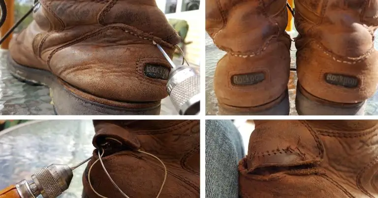 4-panel collage showing the repair of a torn brown leather Rockport boot using a sewing awl, illustrating the simple yet effective stitching process (labeled 'Mike M').