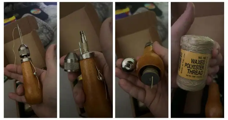A four-panel photo collage review of the Speedy Stitcher Sewing Awl kit, showing the wooden handle, interchangeable needle, locking cap, internal thread spool, and a spool of waxed polyester thread. the Best Speedy Stitcher Sewing Awl Repair Tool Kit Review in the usa 2026