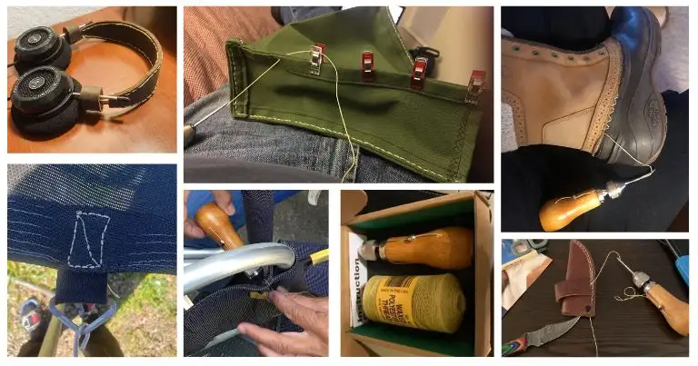 Collage of various customer reviews showcasing the Speedy Stitcher Sewing Awl repairing diverse items: headphones, canvas bags, boots, mesh chair, outdoor gear, and a leather knife sheath.