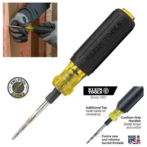 Comparison of the Klein Tools 650 scratch awl with a 3-1/2-inch shank alongside the Klein Tools 626 6-in-1 tapping tool, illustrating why the 650 is often cited as the best Klein scratch awl for professional use.