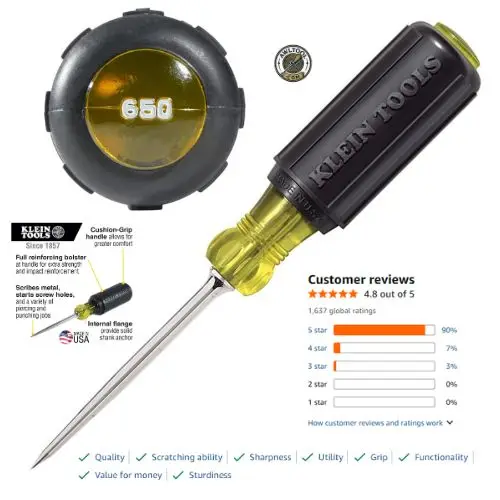 The Klein Tools 650 scratch awl featuring a 3-1/2-inch shank and signature cushion grip, widely considered the best Klein scratch awl for heavy-duty scribing and marking in 2026.