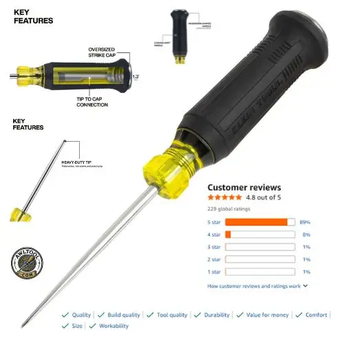 The Klein Tools 6504DD Demolition Scratch Awl featuring steel tip-to-cap construction and an oversized strike cap, making it the best Klein scratch awl for high-impact piercing, prying, and metal scribing in 2026.